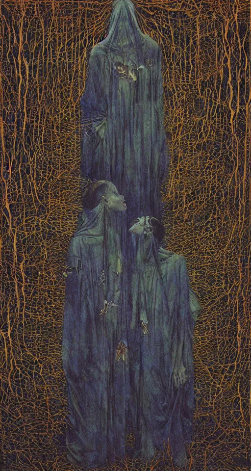 Prompt: worshippers in robes belonging to the cult of the dark forest standing in the darkness, high detailed beksinski painting, part by adrian ghenie and gerhard richter. art by takato yamamoto. masterpiece, deep colours, blue