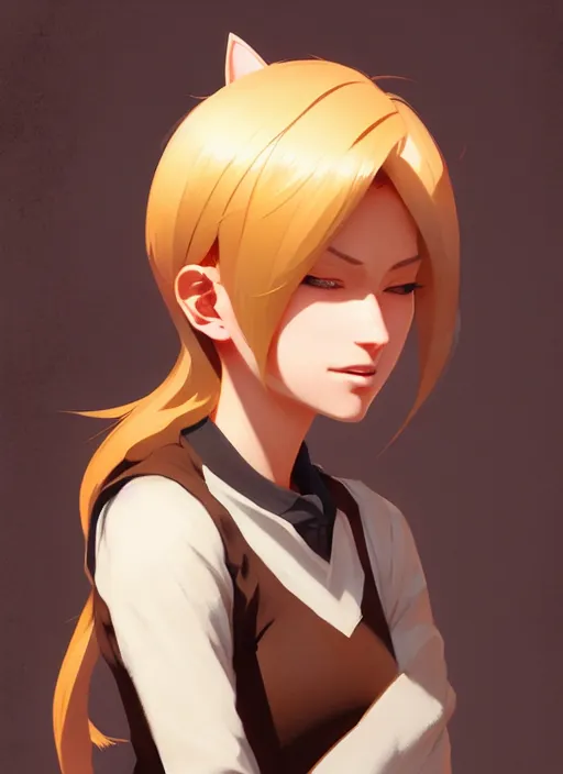 Image similar to ultradetailed beautiful panting of a stylish young lady wearing a brown foxgirl suit with cat ears, dramatic, she has blond hair, distressed, volumetric light, by greg rutkowski, ilya kuvshinov, james jean, makoto shinkai, on artstation