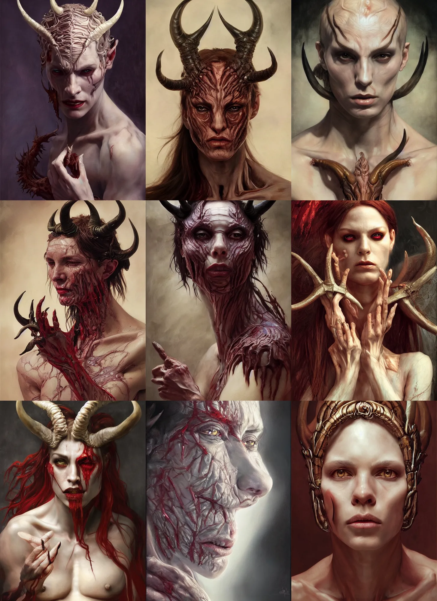 Prompt: half demon half human intricate skin, silicone cover, elegant, peaceful, full body, horns, hyper realistic, extremely detailed, dnd character art portrait, fantasy art, intricate fantasy painting, dramatic lighting, vivid colors, deviant art, artstation, by edgar maxence and caravaggio and michael whelan and delacroix.
