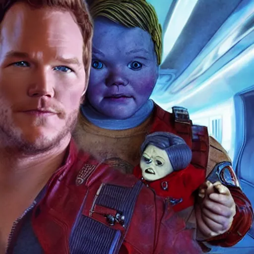 Image similar to the actor chris pratt as star lord posing together with the doll chucky from the movie child's play, inside a starship, oil painting, by greg rutkowski