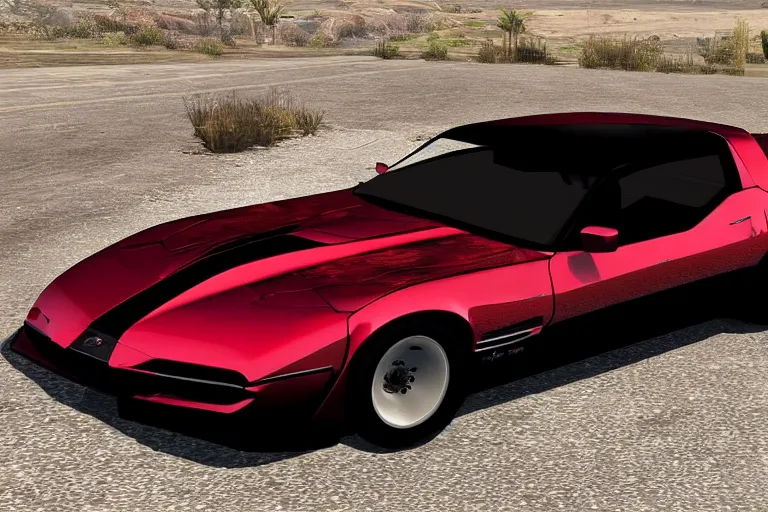 Image similar to updated sleek concept for a firebird trans am, cinematic, photoreal, by red dead redemption 2