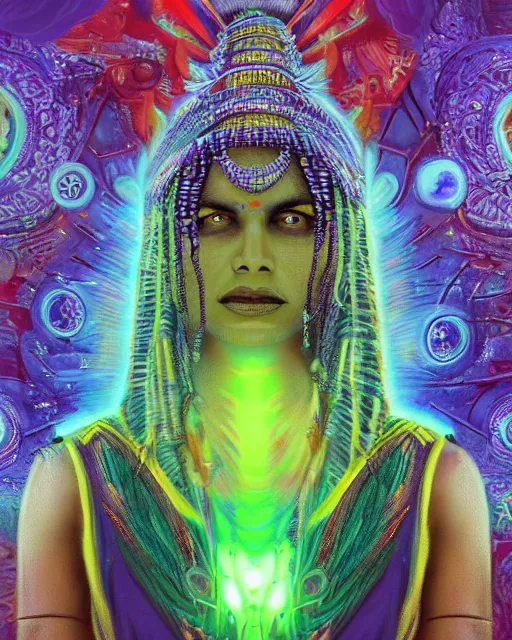 Image similar to a powerful energy psychedelic matrix indian woman, by alexander fedosav, hyper detailed digital matte painting, concept art, hyperrealism, 1 6 k resolution, cinema 4 d, 8 k resolution, trending on artstation, behance hd, a masterpiece, by stephan martiniere, particles, cel - shaded, power bright neon energy, by david a. hardy,