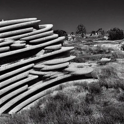 Image similar to old photograph from a strange alien city, organic buildings, black and white