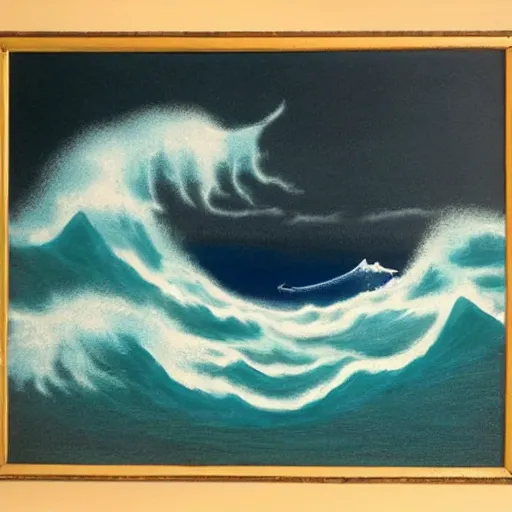 Image similar to giant ocean wave in a thunder storm with a ship fighting through the waves