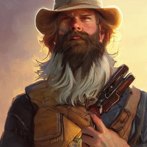 Image similar to bearded gunslinger, painted fantasy character portrait, headshot, fantasy, highly detailed, digital painting, artstation, concept art, sharp focus, illustration, art by the golden age of American illustration archive, artgerm and greg rutkowski and alphonse mucha