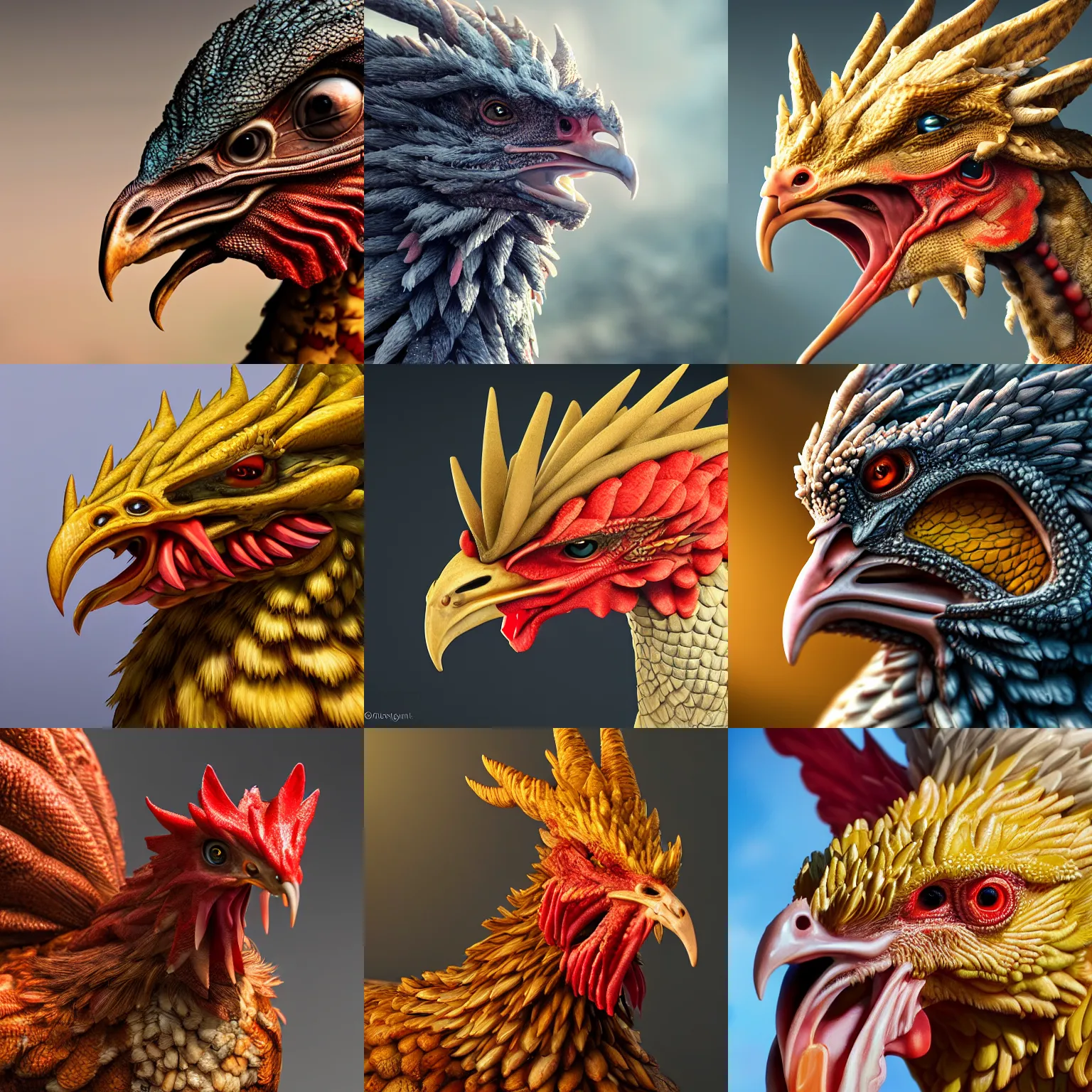 Prompt: a closeup photorealistic photograph of a chicken dragon. professional capture, well lit shot. this 4 k hd image is trending on artstation, featured on behance, well - rendered, extra crisp, features intricate detail, epic composition and the style of unreal engine.