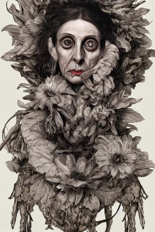 Image similar to Detailed maximalist portrait of a beautiful old woman with large lips and eyes, scared expression, botanical skeletal with extra flesh, HD mixed media, 3D collage, highly detailed and intricate, surreal illustration in the style of Caravaggio, dark art, baroque, centred in image