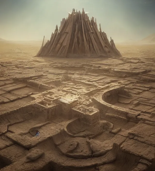 Image similar to an anthropomorphic beautiful futuristic lost temple made of dust in a desert, fine art, award winning, intricate, elegant, sharp focus, octane render, hyperrealistic, cinematic lighting, highly detailed, digital painting, 8 k concept art, art by jamie hewlett and z. w. gu, masterpiece, trending on artstation, 8 k