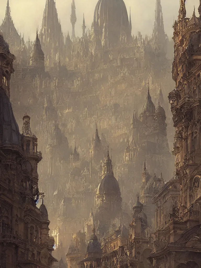 Prompt: a dome - covered city resembling budapest or paris, intricate, elegant, highly detailed, digital painting, artstation, concept art, smooth, sharp focus, colored illustration for tattoo, art by krenz cushart and artem demura and alphonse mucha,