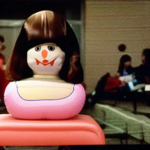 Image similar to a teenage girl with an inflatable cartoon head goes to high school, live-action john waters film, 1974, technicolor