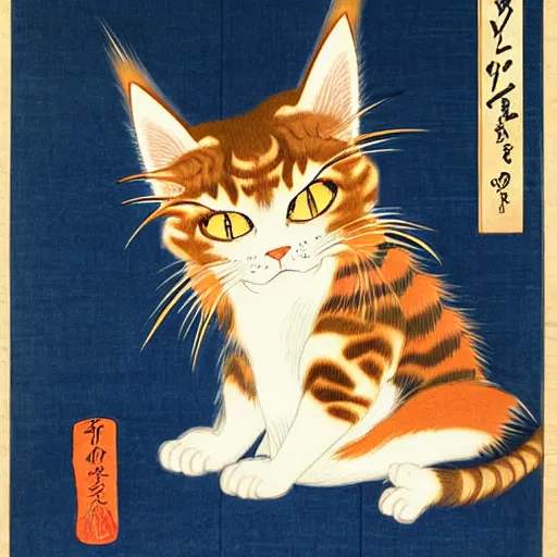 Image similar to beautiful portrait ukiyo - e painting of an ginger maine coon by kano hideyori, kano tan'yu, kaigetsudo ando, miyagawa choshun, okumura masanobu, kitagawa utamaro