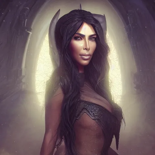 Image similar to Kim Kardashian as an elven priestess, atmospheric lighting, intricate detail, cgsociety, hyperrealistic, octane render, RPG portrait, ambient light, dynamic lighting, hyper detailed, elegant, cinematic, awe inspiring, beautiful, unreal engine, 8k ultra hd, artstationHD, hyper detailed, elegant, cinematic, awe inspiring