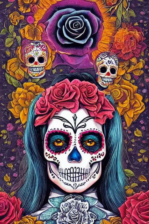 Prompt: Illustration of a sugar skull day of the dead girl, art by barclay shaw