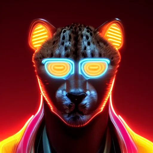 Prompt: a beautiful commission of a male anthropomorphic cheetah wearing a neon jacket,futuristic,detailed face,character design by charles bowater,mohawk,cyberpunk style,deviantart,artstation,art by greg rutkowski,ross tran,professional lighting,neon city,night,raytracing,rtx,highly realistic,4k,dramatic,hyperrealism