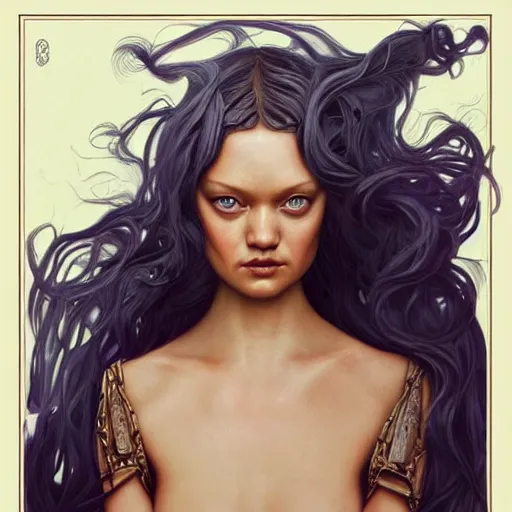 Prompt: Gemma Ward Supermodel as Medusa, snakes for hair, olive skin, long dark hair, beautiful bone structure, intricate, elegant, highly detailed, digital painting, artstation, concept art, smooth, sharp focus, illustration, art by artgerm and greg rutkowski and alphonse mucha and Chris Achilleos