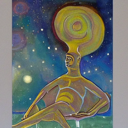 Image similar to painting of a peaceful man relaxing in the cosmos by David Normal, David Normal,