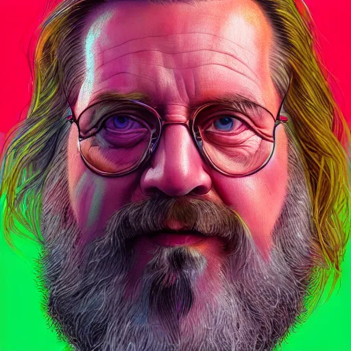 Image similar to a colorful closeup portrait of the dude from the big lebowski. he holds all the wisdom of the world in his eyes. dreamy vibes floating head and dreaming psychedelic hair. halo behind his head. trending on artstation. by peter mohrbacher and moebius and alex ross. intricate detail. hyperrealistic. photorealism. 8 k. flat design