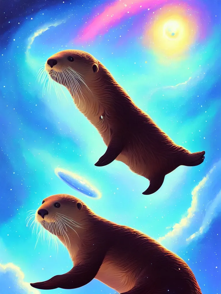 Image similar to a portrait of an otter swimming through the galaxy, detailed, digital painting, artstation, concept art, art by rhads, art by miyazaki