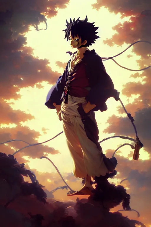 Image similar to baroque oil painting full body portrait character concept art, anime key visual of luffy studio lit directed gaze, trending on pixiv fanbox, painted by greg rutkowski makoto shinkai takashi takeuchi studio ghibli