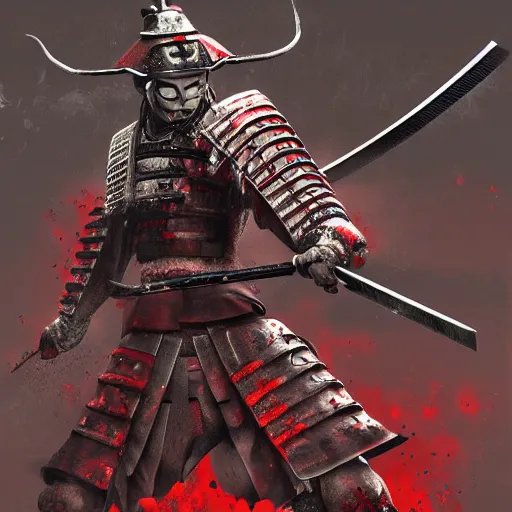 Prompt: bloody samurai standing in a battlefield, trending on artstation, 8k, drawn by yoshitaka amano