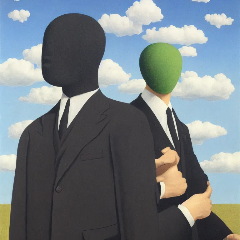 Image similar to portrait of a faceless shadow - head man in a suit, clouds in the background, by rene magritte, detailed painting, distance, middle centered, hd, hq, high resolution, high detail, 4 k, 8 k