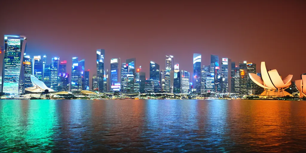 Image similar to futuristic singapour view at night from the sea