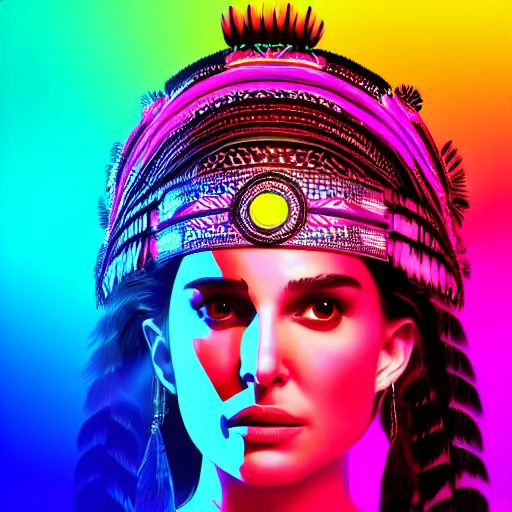 Image similar to natalie portman wearing native american headdress in a neon synthwave style, 4 k, 8 k, backlit, beautiful, magical, trending digital art portrait