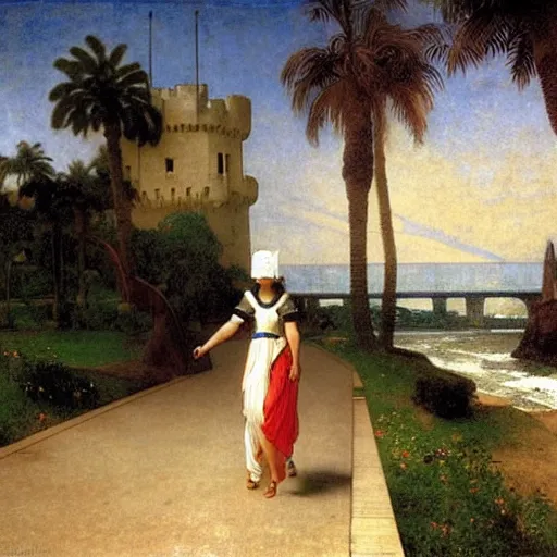 Image similar to Girl riding a horse leaving the castle through the bridge, thunderstorm, beach and palm trees on the background major arcana sky, by paul delaroche, alphonse mucha and arnold böcklin arnold böcklin hyperrealistic 8k, very detailed