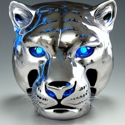 Prompt: silver jaguar sculpture with glowing blue eyes