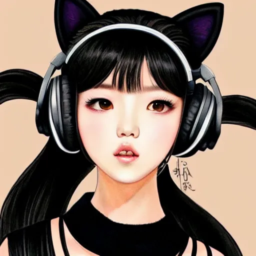 Image similar to realistic beautiful gorgeous natural cute Blackpink Lalisa Manoban black hair cute fur black cat ears, wearing white camisole, headphones, black leather choker artwork drawn full HD 4K highest quality in artstyle by professional artists WLOP, Taejune Kim, Guweiz on Artstation Pixiv