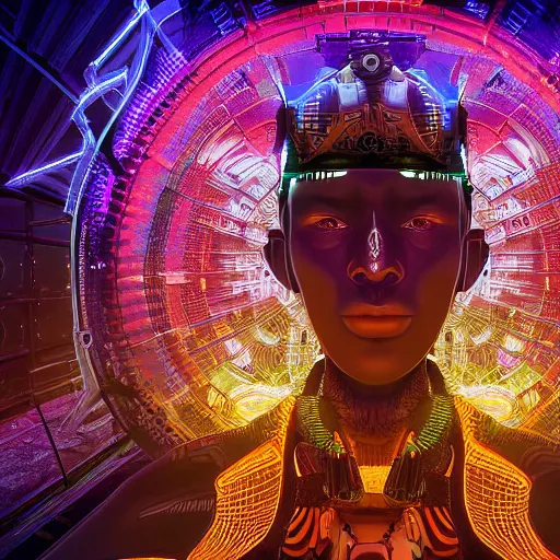 Image similar to symmetry!! a cyberpunk dogon priest opening a steampunk neon portal in the solarpunk village, alien cold fusion time machine, by machina infinitum and android jones, surreal psychedelic portrait style, dim lit, rim light, intricate and detailed environment, radiant lighting, fractal with infinite intricacy background, rendered in octane,