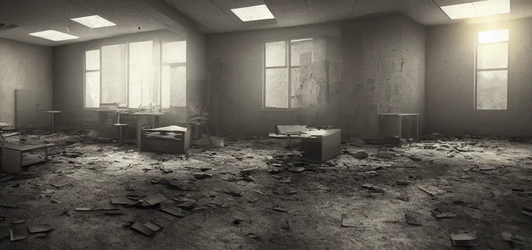 Prompt: backrooms abandoned office room, bright, 8 k photorealistic, hd, high details, trending on artstation
