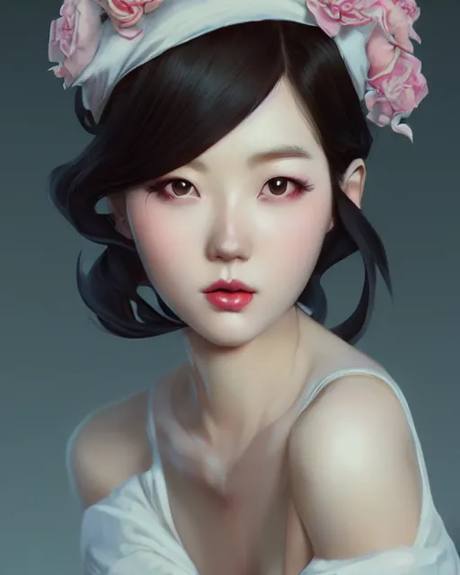 Image similar to a pin up and beautiful fashion charming dreamlike korean girl with low cut dress, character art, art by artgerm lau and kyoung hwan kim and and ilya kuvshinov and john singer sargent, hyperdetailed, 8 k realistic, symmetrical, frostbite 3 engine, cryengine, dof, trending on artstation, digital art