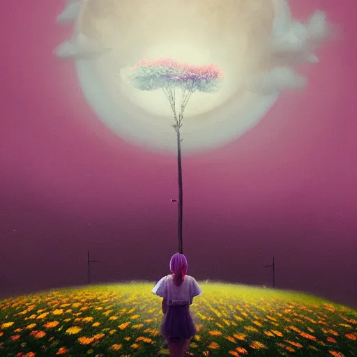 Image similar to giant daisy flower as a head, girl walking in field, surreal photography, moon light, dark night, dramatic, impressionist painting, clouds, digital painting, artstation, simon stalenhag