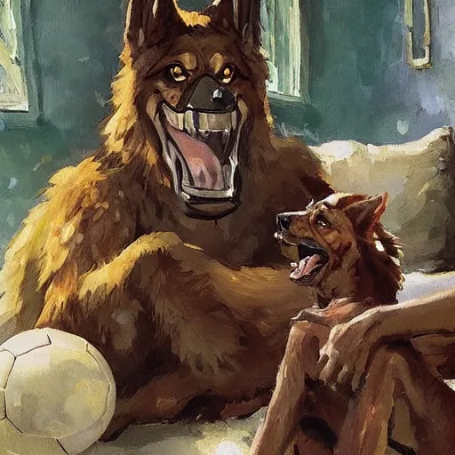 Image similar to a humanoid german shepherd beast - man, sitting and watching a soccer match in his house on television, he has hurt his knee and is a dad, by erin hanson, alexi zaitsev, karl spitzweg, award winning, tv set