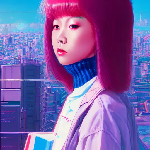 Prompt: 1 9 8 0 s japanese girl in a city pop city, hyper detailed, 8 k, trending, in artstation, digital painting, studio quality, cryengine, character design, smooth, sharp focus