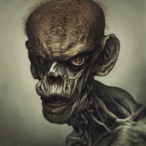 Prompt: Oil painting by Christian Rex Van Minnen of a portrait of an extremely bizarre disturbing mutated man with intense chiaroscuro lighting very detailed insanely creepy perfect composition