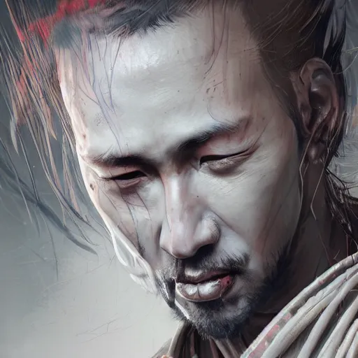 Image similar to Sickly diseased dying Samurai warrior, portrait by Cedric Peyravernay, highly detailed, excellent composition, cinematic concept art, dramatic lighting, trending on ArtStation