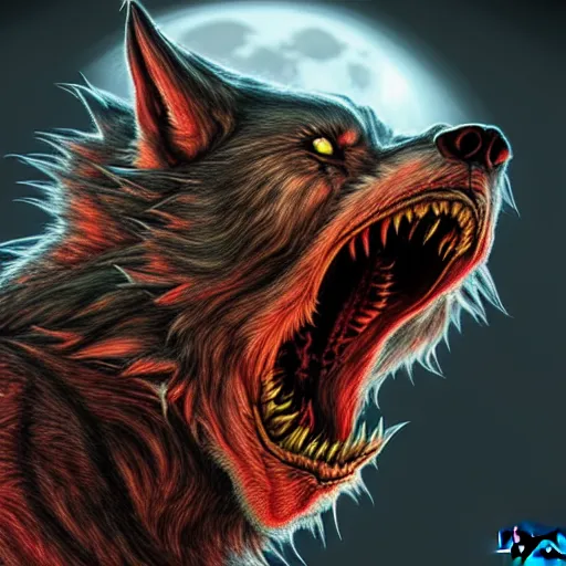 Prompt: a portrait of a scary snarling werewolf with sharp fangs and claws that is howling at the moon, highly detailed, digital photo, hdri, by christopher bretz and john carpenter, vivid colors, high contrast, 8 k resolution, intricate, photorealistic, smooth, psychedelic color scheme, concept art, award winning, cg society contest winner