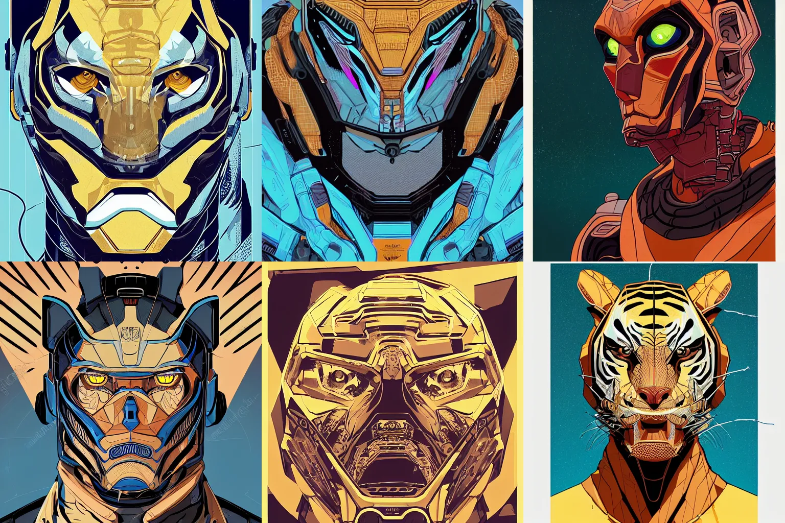 Prompt: a portrait of cell shaded Vector illustration of a robot tiger, closeup, golden ratio, screen print poster, character concept art by character concept art by josan gonzalez, james jean, Mike Mignola, Laurie Greasley, highly detailed, sharp focus, sharp linework, clean strokes, motherboard, Artstation, deviantart, artgem