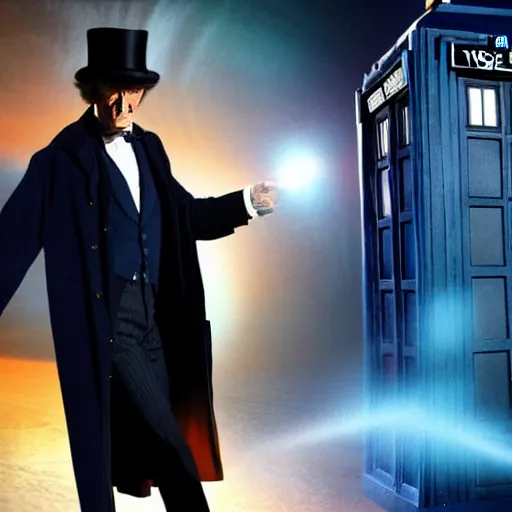 Image similar to willem dafoe as a man in a dark blue trenchcoat and tophat as the new doctor who, cinematic, volumetric lighting, f 8 aperture, cinematic eastman 5 3 8 4 film, photorealistic