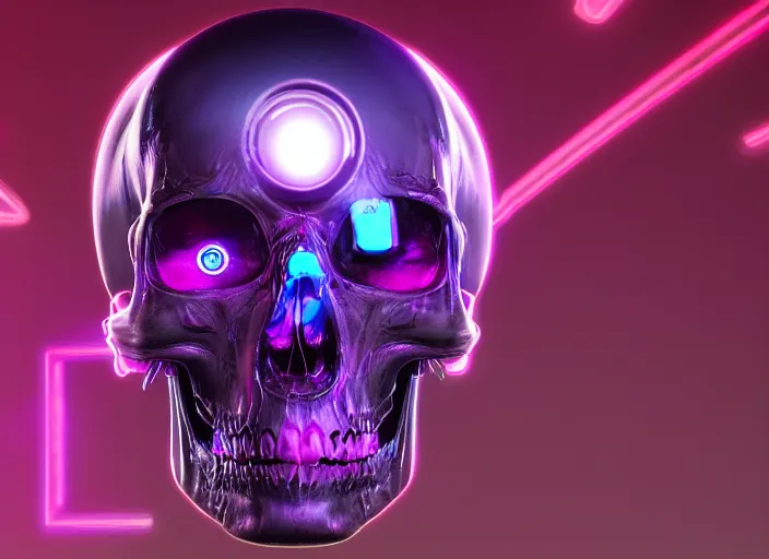 Image similar to a futuristic skull with glowing eyes and a purple background, cyberpunk art by android jones, behance contest winner, computer art, darksynth vaporwave, rendered in cinema 4 d