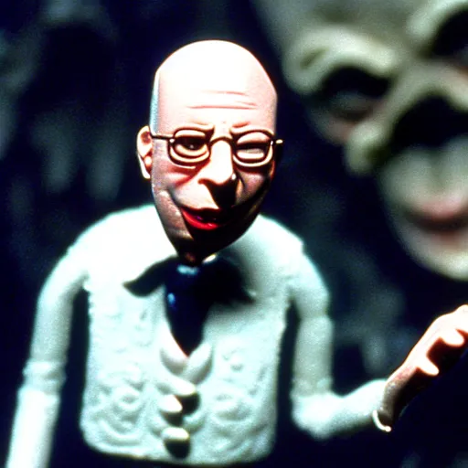 Prompt: claymation klaus schwab by jan svankmajer, hyperrealistic, very detailed, tim burton, 3 5 mm film still, gothic, horror, eldritch