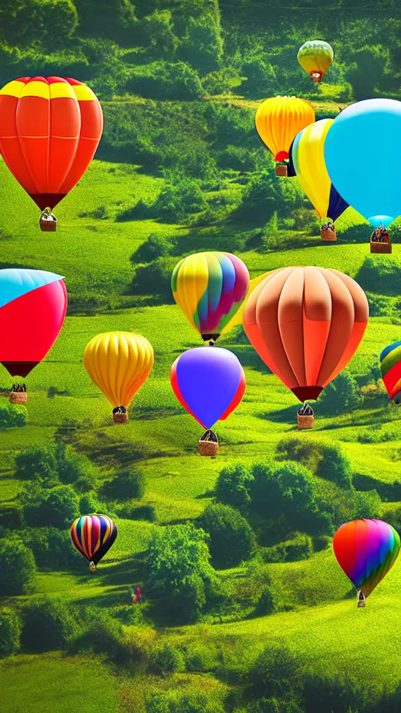 Image similar to large colorful balloons with people on rope swings underneath, flying high over the beautiful countryside landscape, professional photography, 8 0 mm telephoto lens, realistic, detailed, digital art, unreal engine