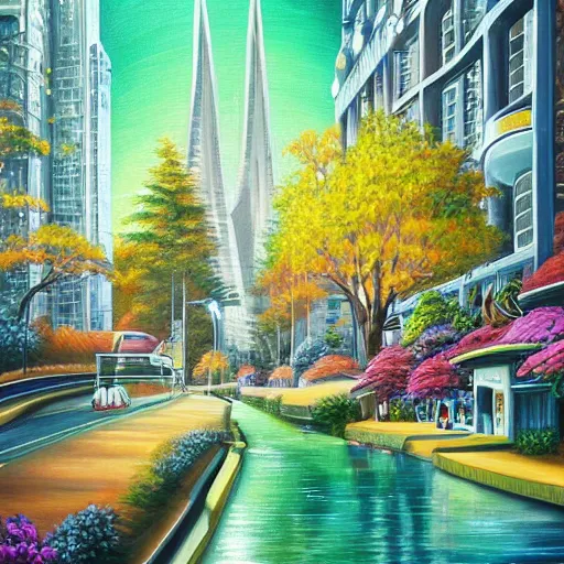 Image similar to Beautiful city of the future in harmony with nature. Nice colour scheme, soft warm colour. Beautiful detailed painting by Lurid. (2022)