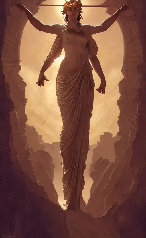 Prompt: solarpunk four armed statue of the goddess of the sun helios descending from olympus, four arms, radiant, artstation, concept art, smooth, sharp focus, illustration, art by artgerm and greg rutkowski and alphonse mucha and william adolphe bouguereau and john william waterhouse and gianlorenzo bernini