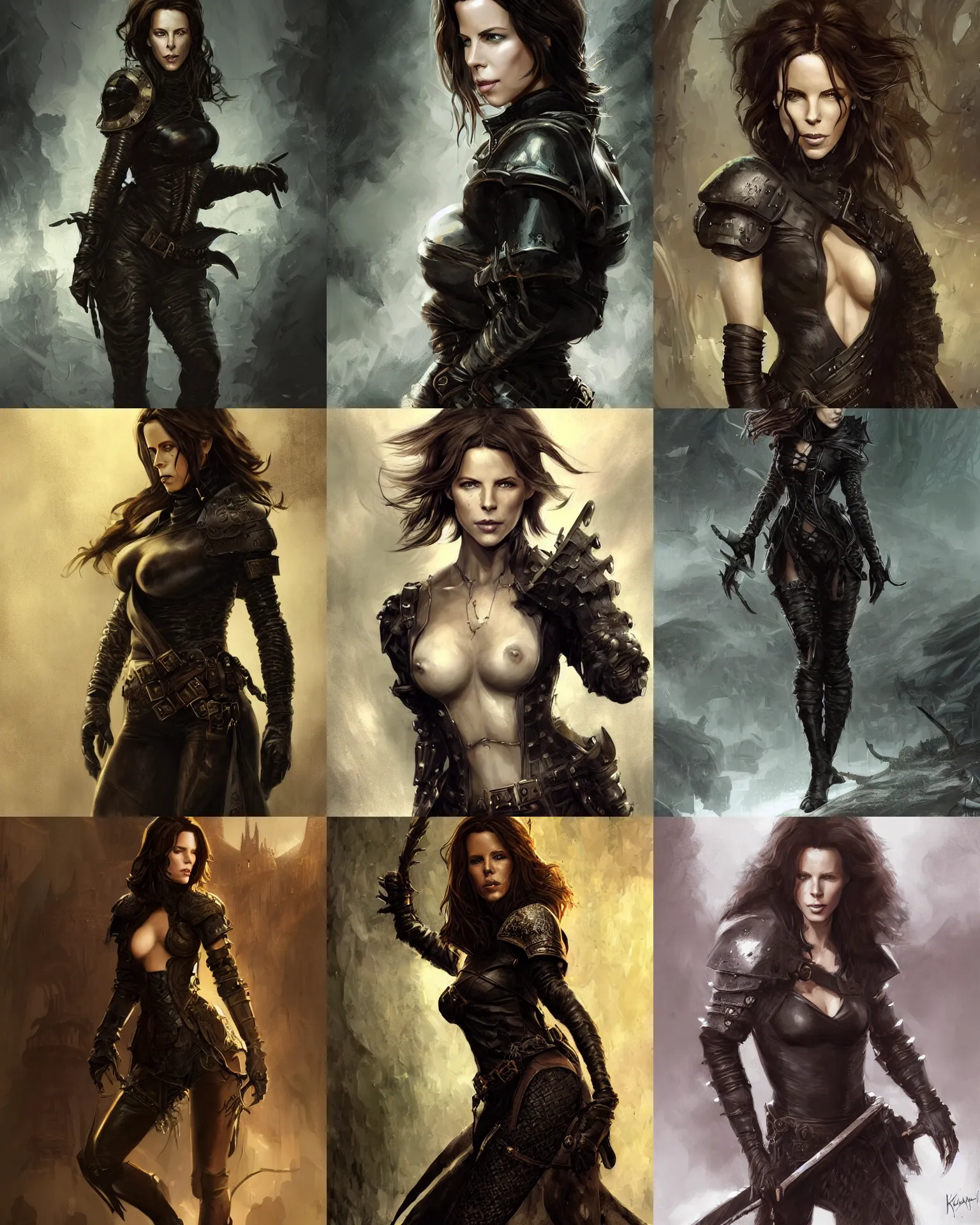 Prompt: dnd rogue girl with face kate beckinsale wearing black leather armor full body portrait, seductive, sexy, leaves, intricate, digital painting, old english, sepia, whimsical background by marc simonetti, artwork by liam wong