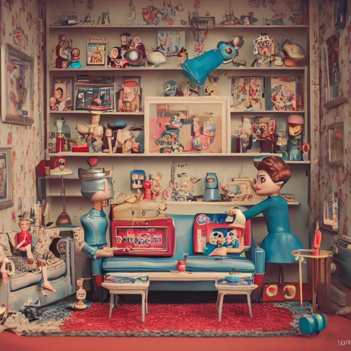 Prompt: portrait of a retro 1 9 5 0 s tin toy living room, depth of field, zeiss lens, detailed, symmetrical, centered, fashion photoshoot, by nicoletta ceccoli, mark ryden, lostfish, breathtaking, 8 k resolution, extremely detailed, beautiful, establishing shot, artistic, hyperrealistic, octane render