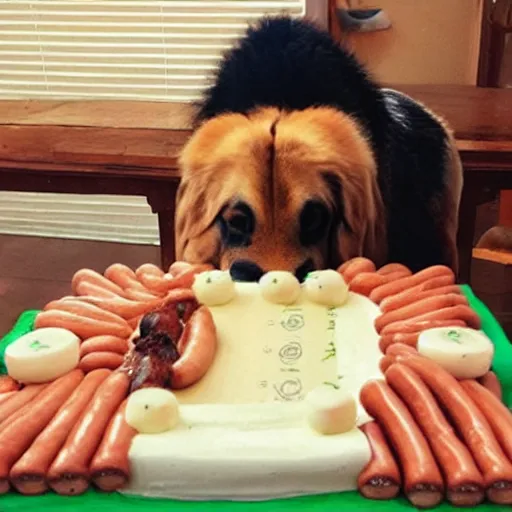 Image similar to a big dog drooling over a birthday cake made entirely of sausages