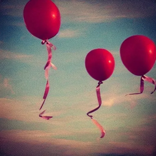 Prompt: “ becoming a champion of loss, watching memories float away like red balloons, against a sky at sunset ”